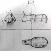Noshörning "Djur I Världen" skisser till gjutna glasföremål, 1993.