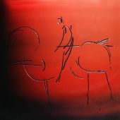 Expo 160-63, Detalj graverad skål, blått och rött, "Tre hästar"