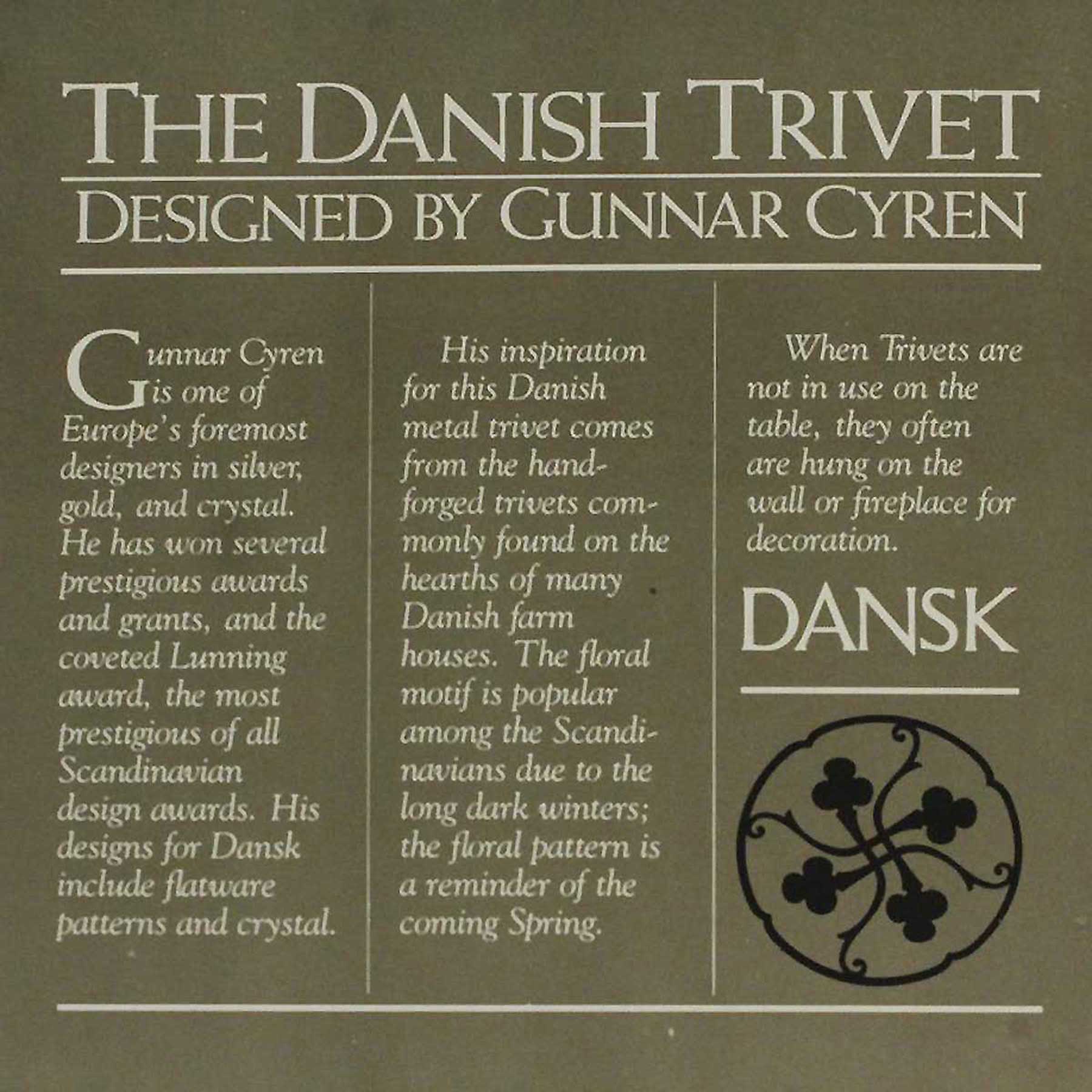 Dansk Gourmet Designs, grytunderlägg i gjutjärn,förpackning detalj. 1990