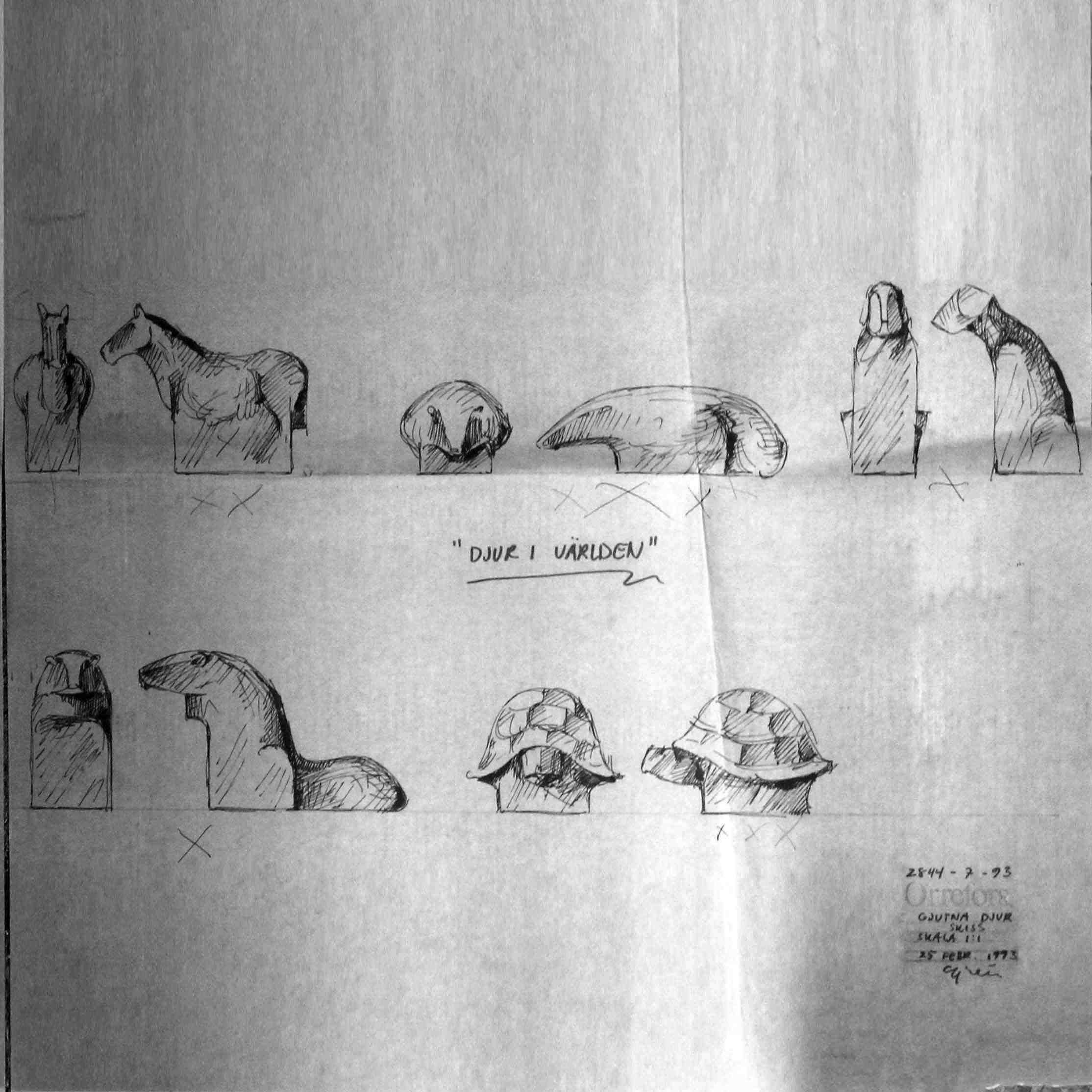 "Djur I Världen" skisser till gjutna glasföremål, 1993.