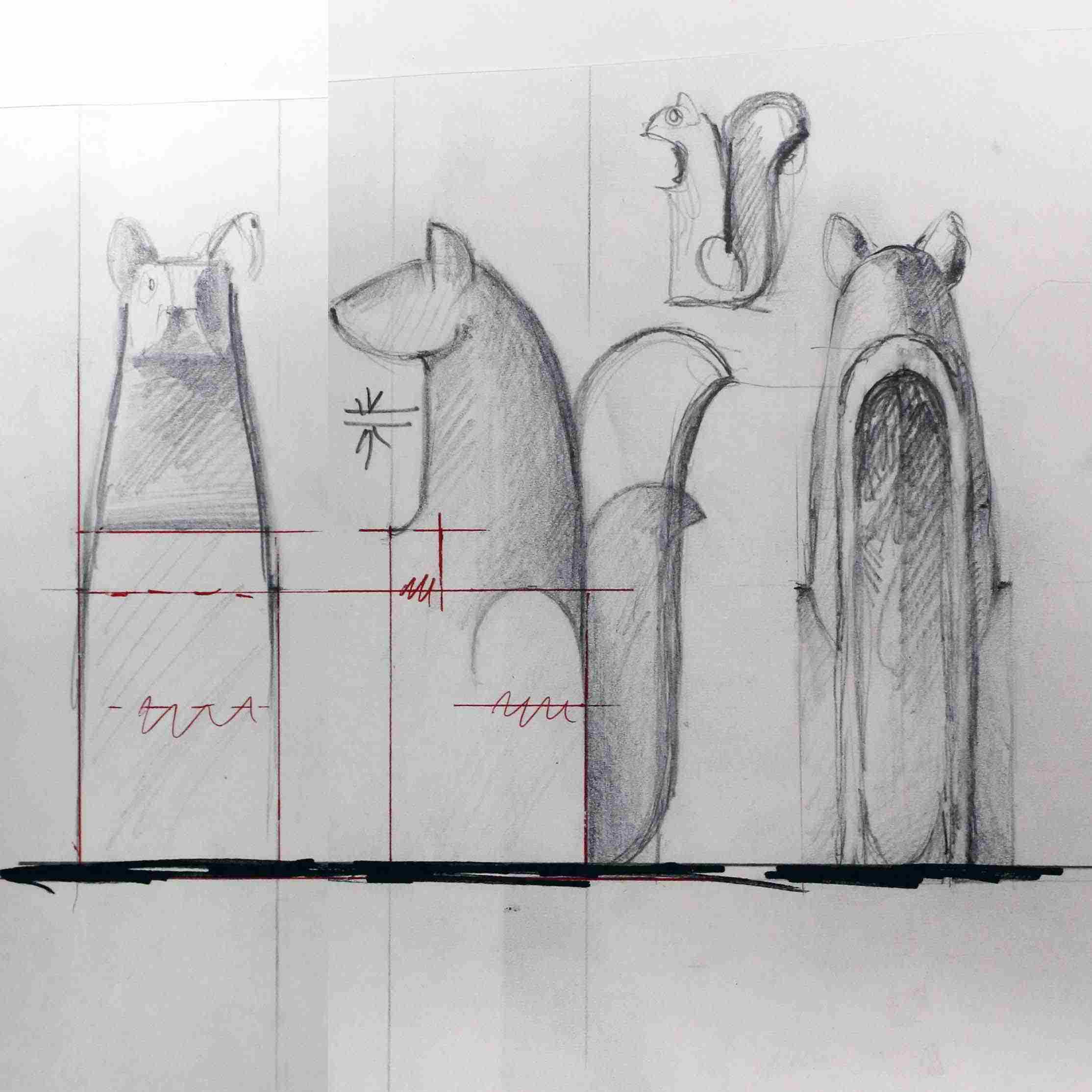 Ekorre "Djur I Världen" skisser till gjutna glasföremål, 1993.