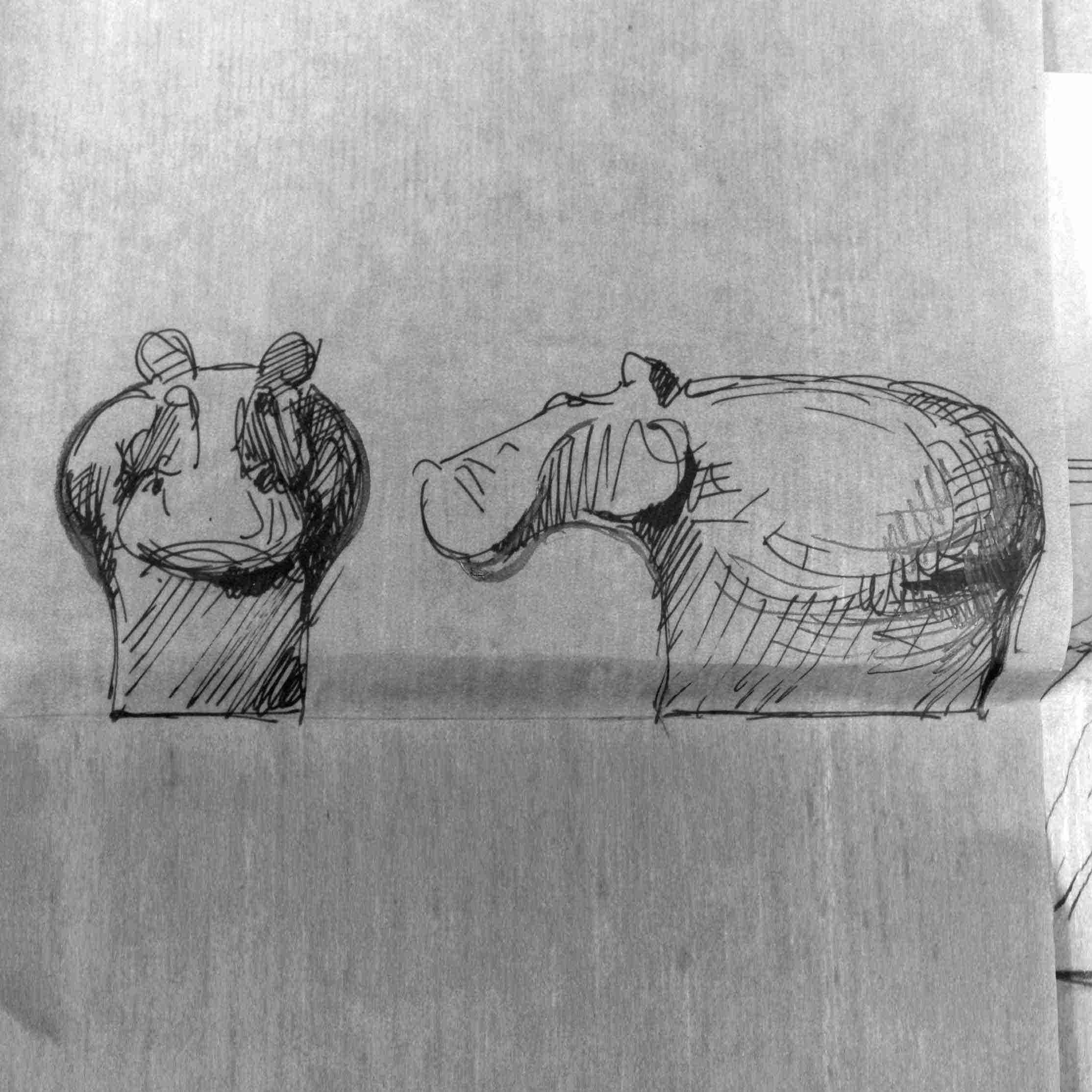 Flodhäst "Djur I Världen" skisser till gjutna glasföremål, 1993.